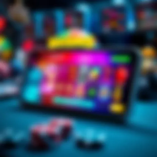 A smartphone displaying various online casino games with bright graphics and bonus notifications
