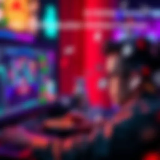 A person playing an online casino game with a focused expression on a computer screen, surrounded by colorful gaming icons.