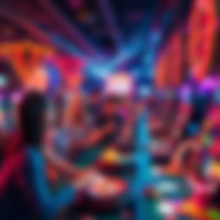 A vibrant scene showing people enjoying various games at an online casino, with a focus on excitement and fun.