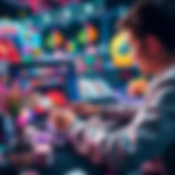 A person playing online casino games on a laptop, surrounded by colorful graphics and casino-themed elements.