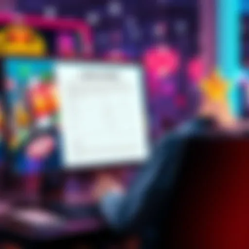 A person fills out an online form for an online casino license, with a computer and casino-themed graphics in the background.