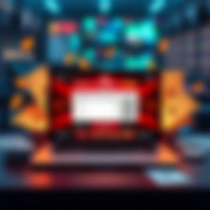 A laptop displaying online casino platform with license documents and money symbols around it