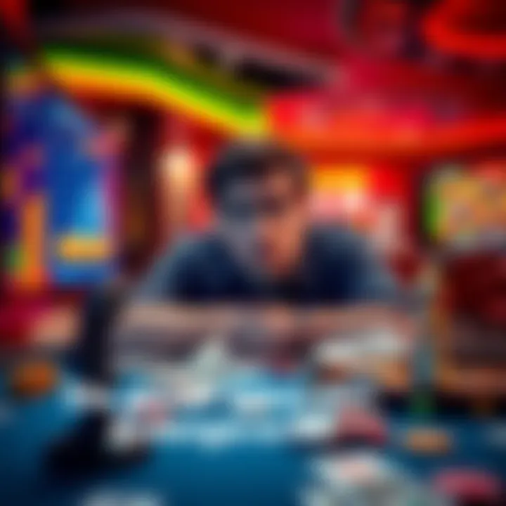 A player looking confused at a casino game with money on the table and a screen showing bonuses and losses