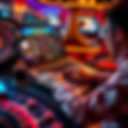 A person playing an online casino game on a laptop, with game graphics showing on the screen and casino-themed decorations around them.