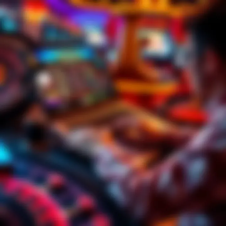 A person playing an online casino game on a laptop, with game graphics showing on the screen and casino-themed decorations around them.