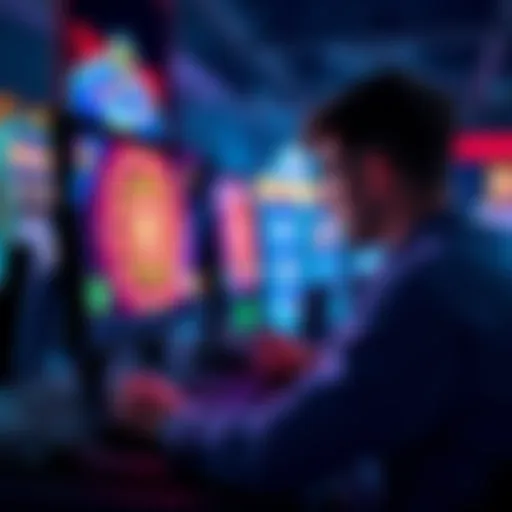 A person sitting at a computer, engaging in online casino games, focused on the screen with gaming symbols visible