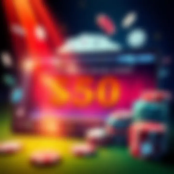 A creative illustration of an online casino interface featuring a bonus offer of 50 dollars for testing, with cards and chips in the background.