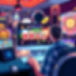 A vibrant illustration showing various online casino games like slots and cards on a computer screen with a person enjoying the experience.