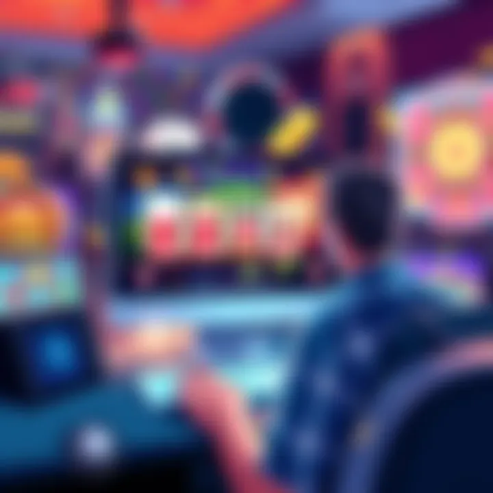 A vibrant illustration showing various online casino games like slots and cards on a computer screen with a person enjoying the experience.