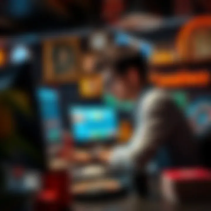 A person sitting at a computer researching online casino reviews, looking focused and discerning, with casino-related items in the background.