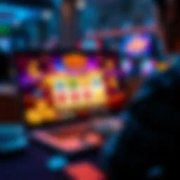 A person playing slots on a laptop with casino visuals showing rewards and bonuses on the screen