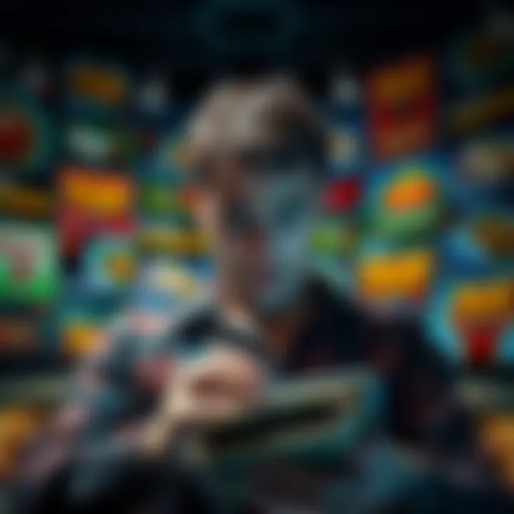 Online Casino Ruin A man looks distressed, staring at his empty wallet surrounded by online casino advertisements.