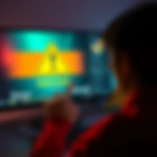 A person looking at a computer screen showing a warning sign about online casino fraud, with dollar bills and a caution symbol nearby.