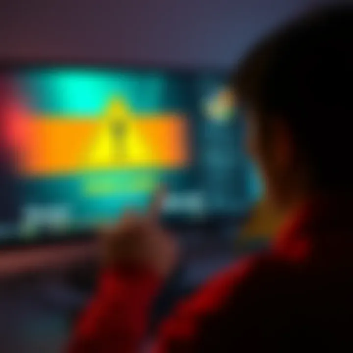 A person looking at a computer screen showing a warning sign about online casino fraud, with dollar bills and a caution symbol nearby.