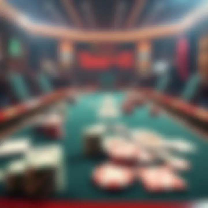 Online Casino Table A gaming table set up with colorful chips and cards, showing a lively online casino atmosphere.