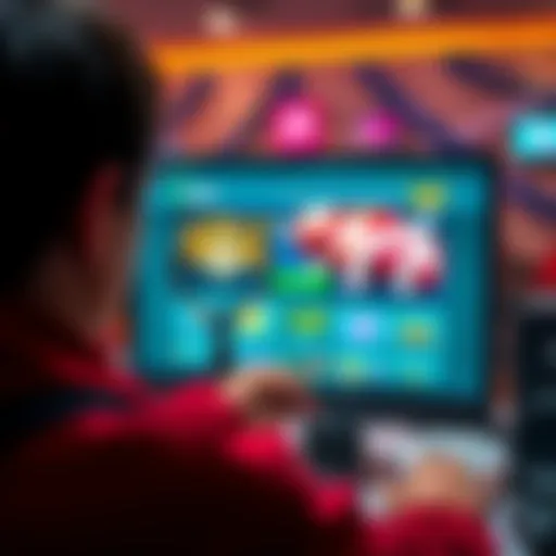 Online Casino Trust Check A person looks at a computer screen displaying an online casino site, with a magnifying glass and question mark icons to represent investigation and trust assessment.
