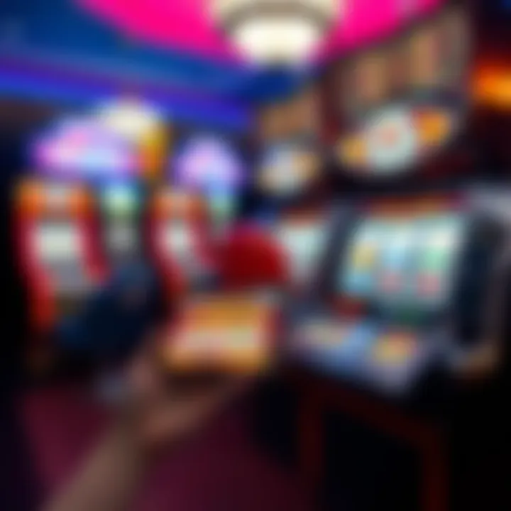 A split image showing an online casino app on a mobile device alongside a traditional slot machine in a casino setting.