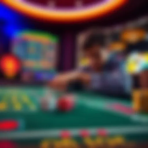 A beginner at an online craps table, looking at strategies for increasing bankroll, with dice on a vibrant gaming interface.