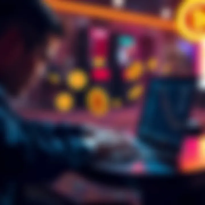 A person using a laptop with digital currency symbols around them, representing online crypto casinos that pay out.