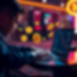 Online Crypto Casino A person using a laptop with digital currency symbols around them, representing online crypto casinos that pay out.