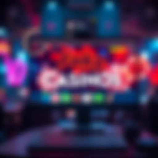 A computer screen showing a fake casino website with flashing graphics and casino symbols like cards and chips.