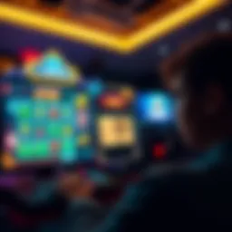 Online gambling deception A person looking at a computer screen with flashy gambling advertisements, showing enticing jackpots and bonuses that are misleading