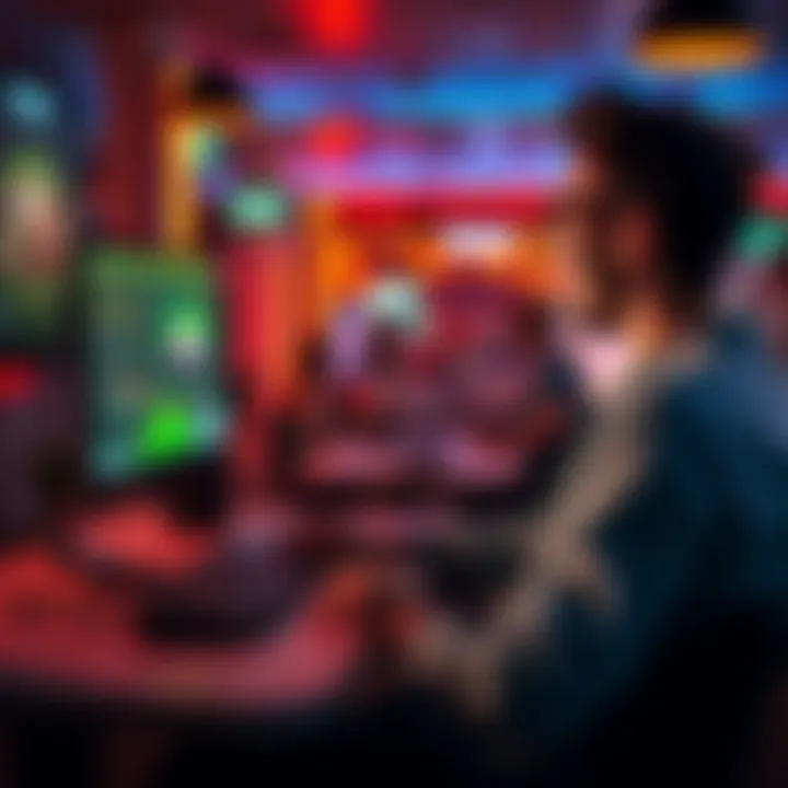 A person sitting at a computer, excitedly exploring an online gambling site for the first time, with elements of games and betting visible on the screen.