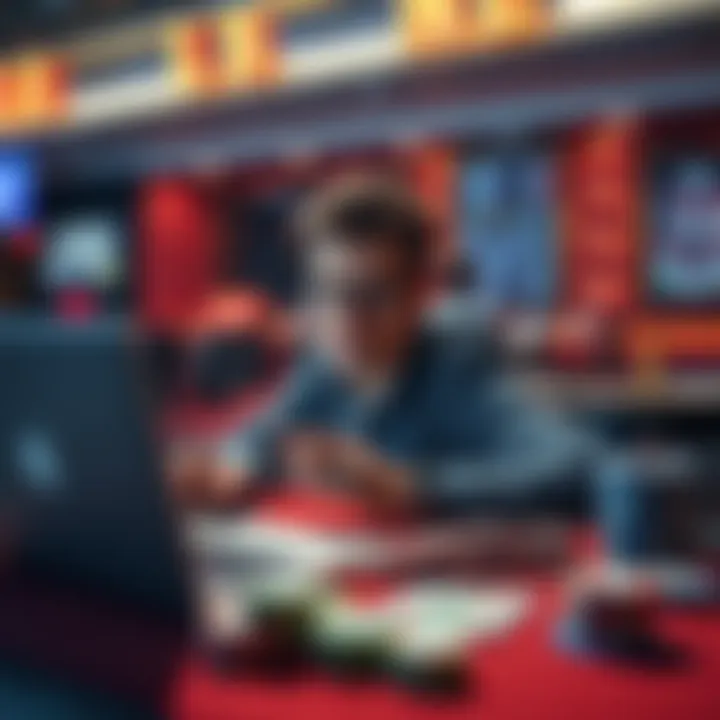 A person managing their online gambling money with a laptop and casino-themed items around them.