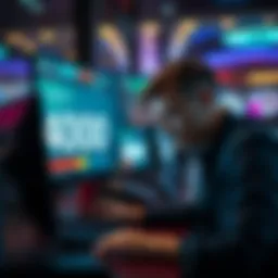A worried person looking at a computer screen with gambling graphics, representing loss in online blackjack.