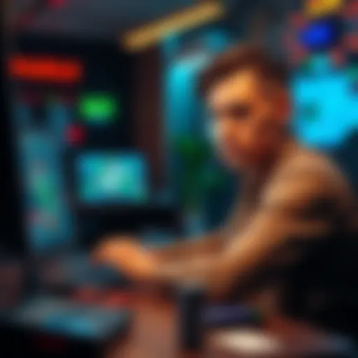 A person sitting at a computer playing an online gambling game with a focused expression, surrounded by gaming elements like chips and cards.