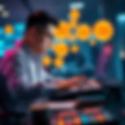 A person researching online gambling sites with a laptop, Bitcoin symbols in the background.