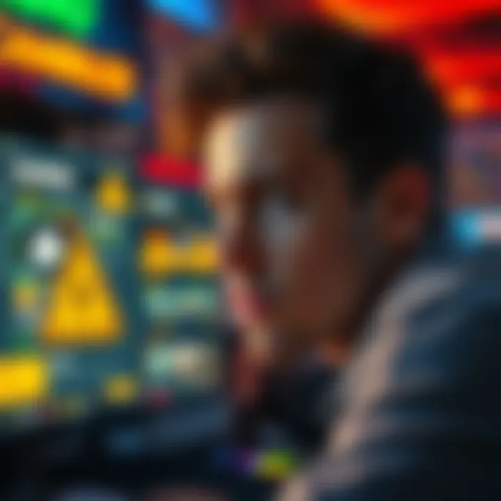 A person looking worried while viewing gambling websites on a computer screen with warning signs