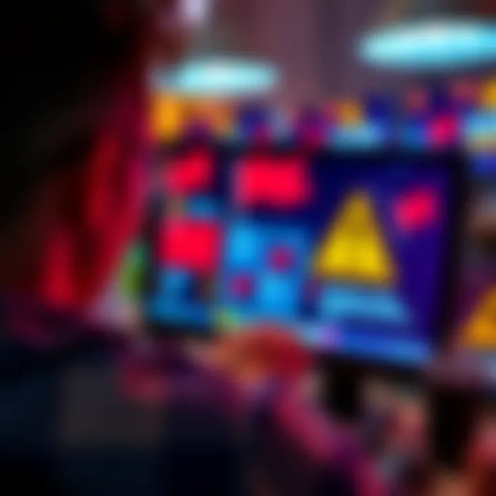 A person looking at a computer screen showing red flags in online gambling, with signs of caution like warning symbols and dollar signs
