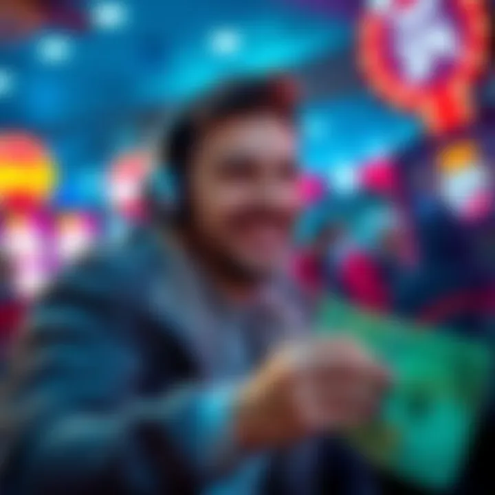 A happy player smiles at the screen after winning a large amount of money in an online game, with dollar bills visible nearby.