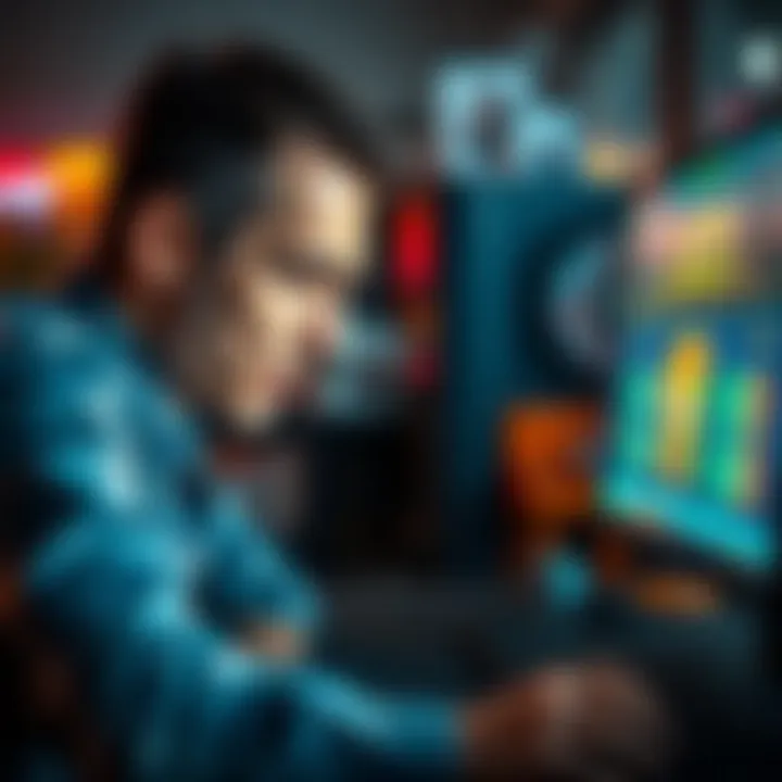A person showing frustration while playing an online casino game on a computer, with signs of loss on the screen.