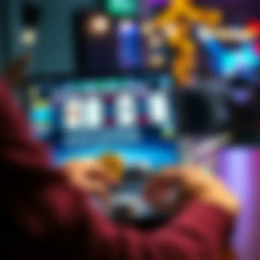 A person playing poker online using Bitcoin and Ethereum on a laptop, with poker chips and currency symbols in view.