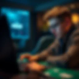 A person playing online poker on a laptop, deep in thought about their next move, showing focus and concentration.