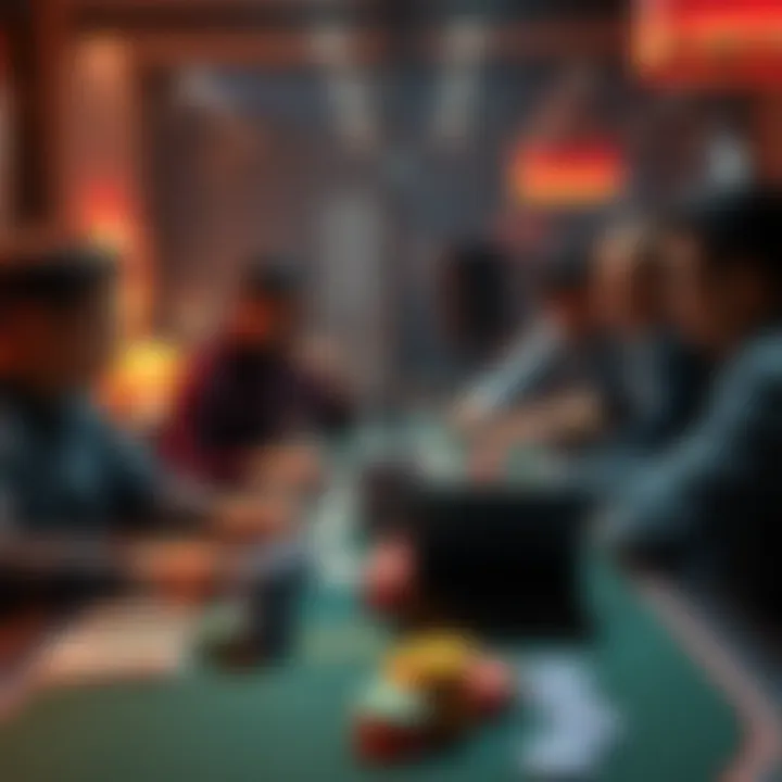 A group of people discussing online poker options with laptops and cards on a table