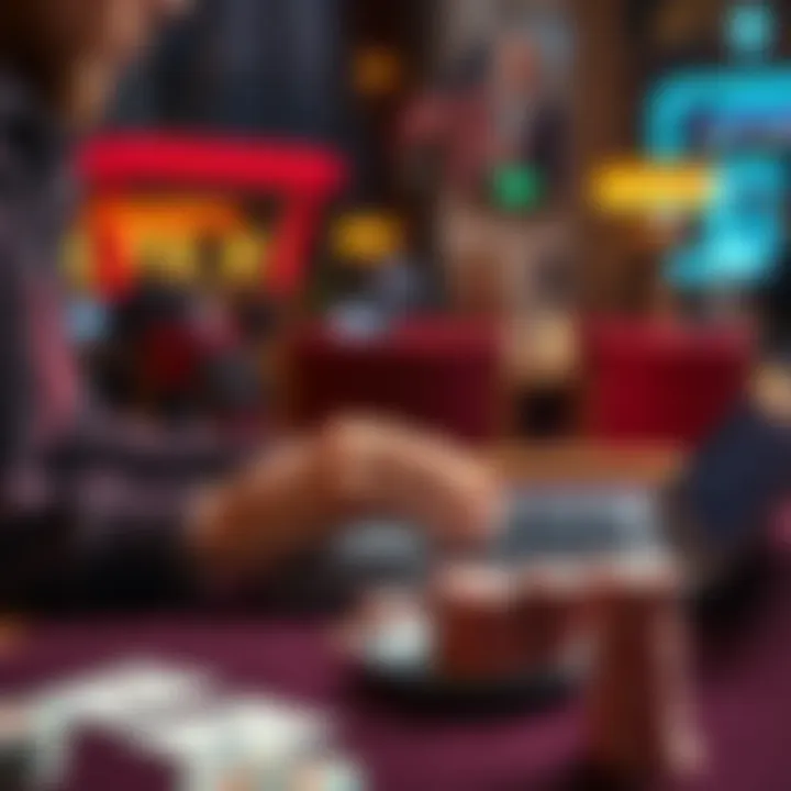 Online Poker Game A person playing poker on a laptop, with cards and chips on the table, showing a focus on strategy and winning tips.