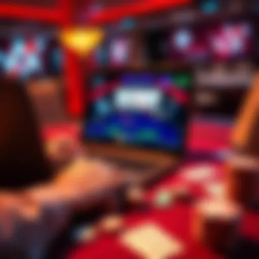 A person playing an online poker game on a laptop with poker chips and cards on the table