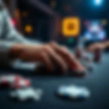 A close-up of poker cards and chips on a table during an online game