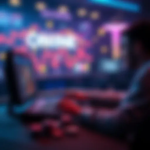 A person playing poker on a computer with cryptocurrency symbols in the background