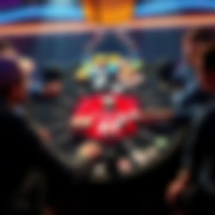 A virtual online poker game with players sitting around a digital table, showcasing cards and chips for real money play.