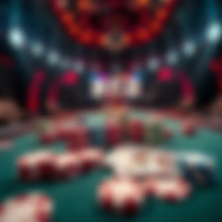 A wide view of a poker game setup with cards and chips, showcasing the evolution of online poker.