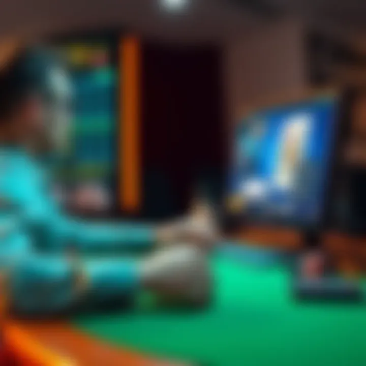 A person playing online poker at a computer with poker chips and cards on the screen