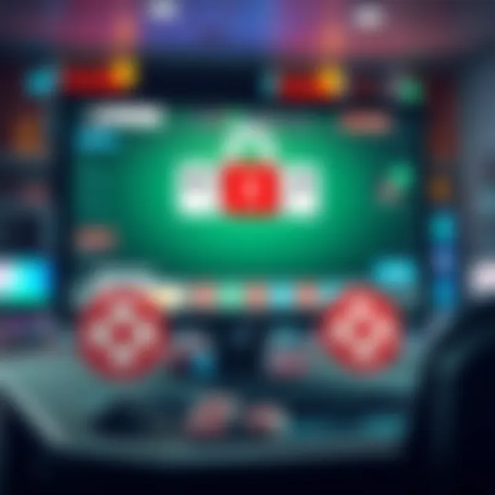 A computer screen displaying online poker game with lockdown symbols and crossed-out signs representing government restrictions