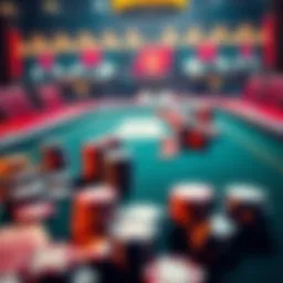 A poker table with various chips and cards, showing a game in progress