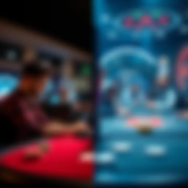 A split image showing a player at a computer playing online poker on one side and a live poker table with players on the other side.