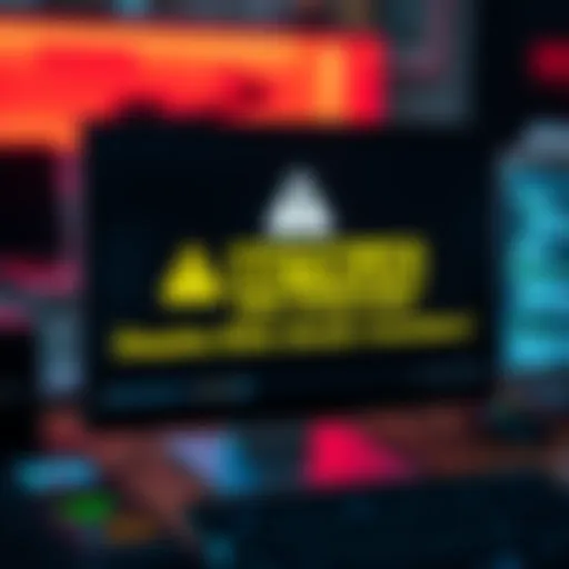 A computer screen displaying a warning message about an online scam, with caution symbols and bold text highlighting the dangers.