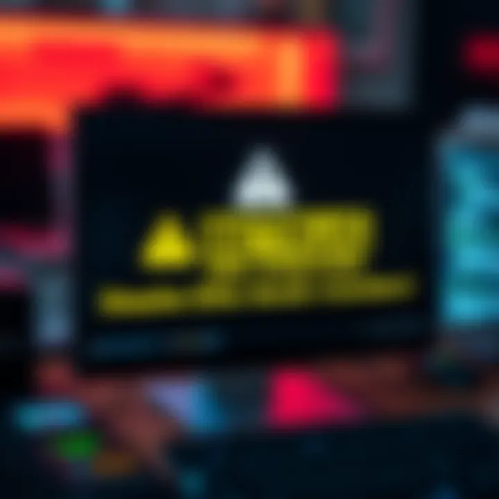 A computer screen displaying a warning message about an online scam, with caution symbols and bold text highlighting the dangers.